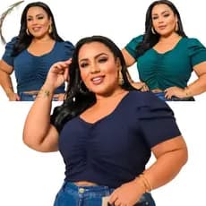 Cropped Feminino Plus Size com Manga Princesa Canelado