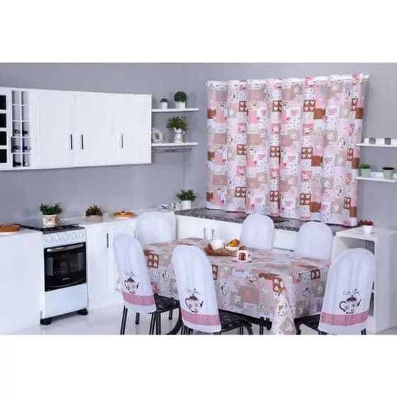 Kit de Cozinha Completo Cortina, Toalha de Mesa e Capa de Cadeiras 4, 6, 8 e 12 Lugares