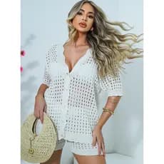 Conjunto Saída de Praia Feminino Shorts e Camisa Tricot Aberta Elegante Roupa Praia Verão Estilosa