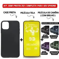 Kit 3em1 Case Preta+Película Cerâmica Fosca+Película Câmera Diamante Para iPhone 11 12 13 14 15 16 Pro Max