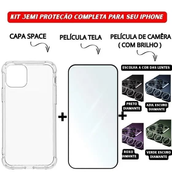 Kit 3em1 Capa Space + Película Vidro 3D + Película Câmera Diamante iPhone 11 12 13 14 15 16 - CSTech