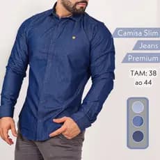 Camisa Social Masculina Jeans Manga Longa Slim 100% Algodão Elegante Botão Luxo