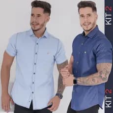 Kit 2 Camisa Jeans Masculina Moda Social  Casual Manga Curta Algodão Slim Premium