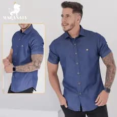 Camisa Masculina Jeans Lisa Azul Social Casual Elegante Slim Fit Manga Curta Botões Luxo