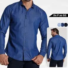 Camisa Masculina Jeans Social Manga Longa Slim Sem Logo Lisa Trabalho Bordados