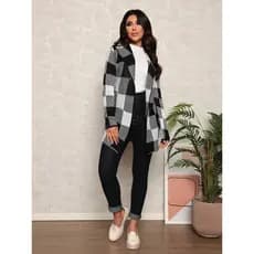 Cardigan Feminino de Tricot com Estampa Xadrez - Moda Feminina