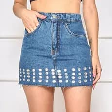 Saia Jeans Curta Rasgada Barra Desfiada Cintura Alta
