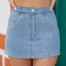 Mini Saia jeans Cintura alta clara com strass brilho pedrinhas