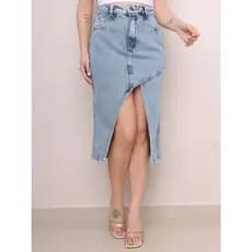 Saia Jeans Feminina Longa Cintura Alta Evangélica Midi Com Abertura