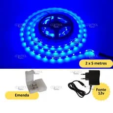 10 Metros Fita LED 3528 + Fonte 12v Bivolt _ 2 Fitas 5 Metros Cada 60 LED/m Azul IP20