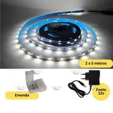 10 Metros Fita LED 3528 + Fonte 12v Bivolt _ 2 Fitas 5 Metros Cada 60 LED/m Branco Frio IP20