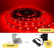 10 Metros Fita LED 3528 + Fonte 12v Bivolt _ 2 Fitas 5 Metros Cada 60 LED/m Vermelha IP20