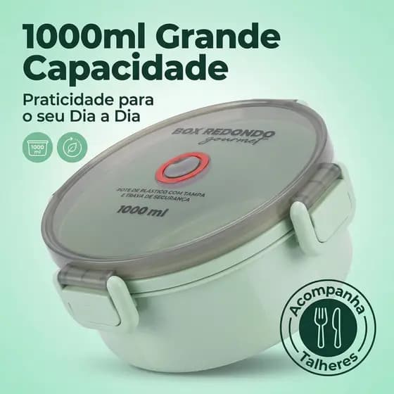 Pote De Marmita Box Redondo Com Divisoria 1000 Ml Com Talheres