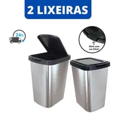 Lixeira Cozinha e Banheiro 2 kit unid Inox Metalizado Com Tampa Click Label   Escritório Quarto Lixeira Quadrada Resist