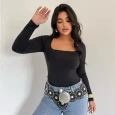 Blusa SUPLEX feminina Manga Longa Decote Gola Quadrada Moda Inverno