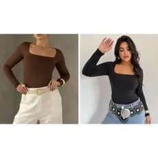 Kit 2 Blusas SUPLEX Manga Longa Decote Gola Quadrada Moda Inverno