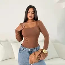 Blusa SUPLEX feminina Manga Longa Gola Quadrada Moda Inverno