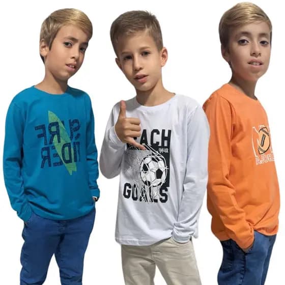 Kit 3 Camiseta Manga Longa Infantil Menino Algodão Inverno 10 ao16 anos