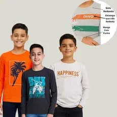 Kite 3 Camisetas Manga Longa Estampadas Menino Roupa Infantil Masculina Inverno 10 a 16 Anos