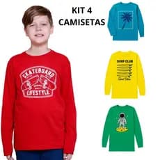 Kit 4 Camiseta Infantil Manga Longa Blusa Algodão Menino do 10 ao 16 anos