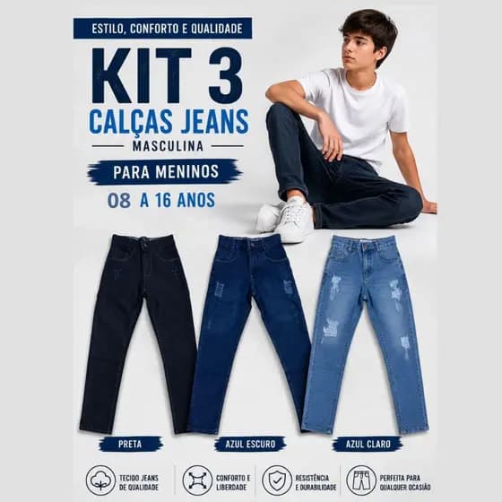 Kit 3 Calças Jeans Infanto Juvenil Masculina Slim Menino 08 ao 16 Anos