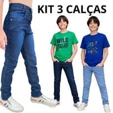 Kit 3 Calças Jeans Infantil Masculina Skinny  Slim  Jeans Azul Claro Escuro Preto Menino Casual do 08 ao 16 anos