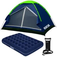 Kit Barraca Camping 4 PessoasA Prova D'Água + Colchão Inflável Casal Resistente + Bomba de Ar