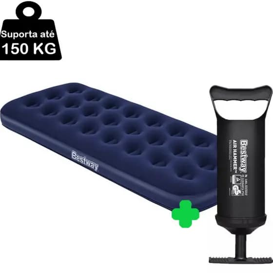 kit Colchao Inflavel Solteiro Suporta 150 Kilos Aveludado Resistente + Bomba de Ar