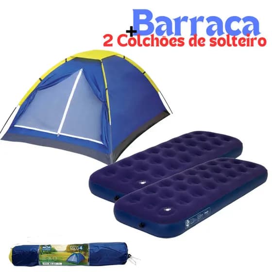 Kit Barraca Camping 3 Pessoas + 2 Colchões Inflável de Solteiro Bomba Embutida Camping Praia Mor