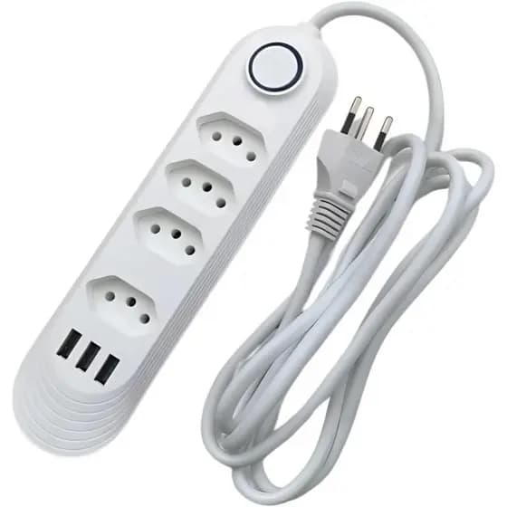 Extensão Elétrica Tomada 2m Com 4 Tomadas e 3 Entradas USB com Botão Power Socket Top