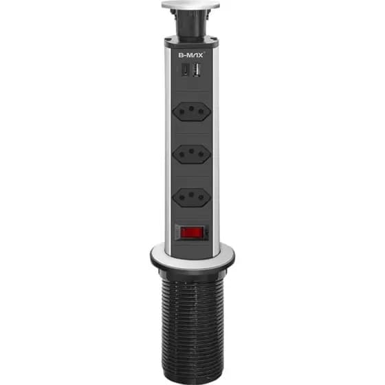 Torre Tomada Retrátil Embutir 3 Entradas + Usb Tipo C Embutir Deslizante Bivolt Multiplug Mesa