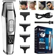 Máquina de Cortar Cabelo Kemei 5027 Profissional Sem Fio Display LCD 4 Velocidades Acabamento Zero