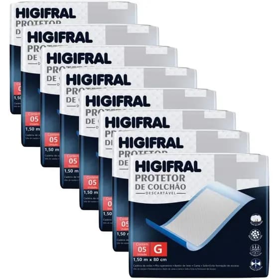 Kit 8 pacotes Protetor de Colchão Descartável Higifral G -Total 40 unidades