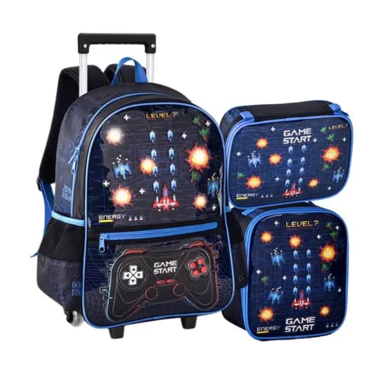 Kit Mochila Infantil Escolar com Rodinha Menino Video Game Luzinha Fliperama Arcade