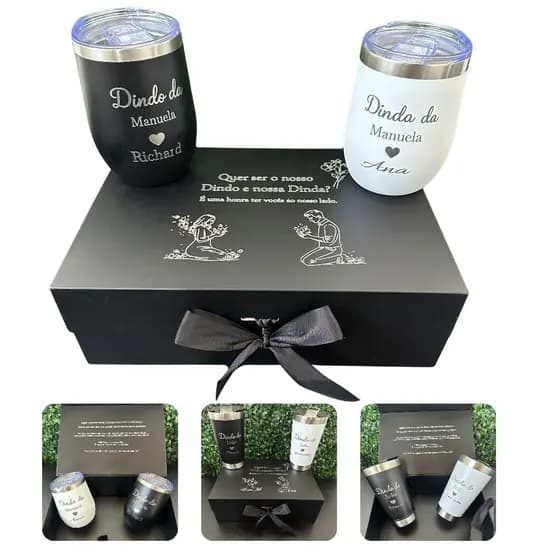 Kit Caixa Personalizada Batizado casamento + 2 Copos Térmicos Personalizados - Convite brinde Padrinho e Madrinha