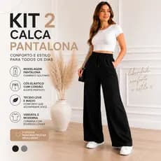 Kit 2 Calça Pantalona Feminina Cós Alto Com Cordão Tecido Leve Confortável