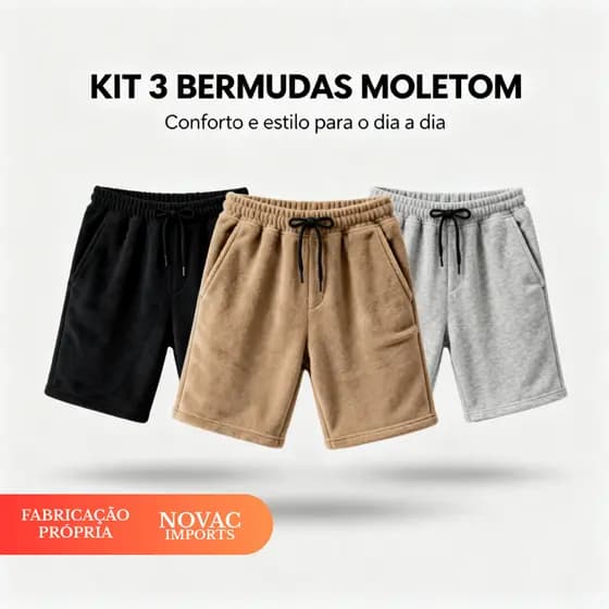 KIT 3 Bermuda de Moletom Masculina - cós e ajuste