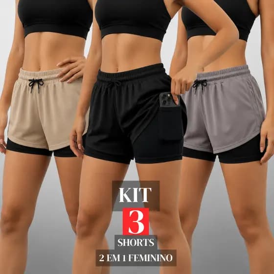 Kit 3 Shorts 2 Em 1 Feminino Dryfit Bolso Interno Bermuda Para Academia Treino E Caminhada