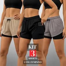 Kit 3 Shorts 2 Em 1 Feminino Dryfit Bolso Interno Bermuda Para Academia Treino E Caminhada