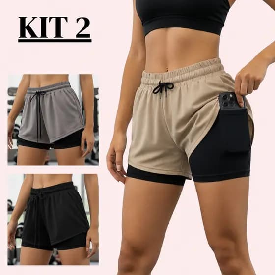 Kit 2 Shorts Compressão 2 Em 1 Feminino Bermuda Para academia Caminhadas E Corrida