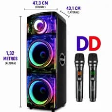 Caixa de som Amplificada 300W RMS BOB Grande 1,32 METROS Bluetooth 2 MICROFONES SEM FIO  P/ FAMILIA Radio Bass Led RGB