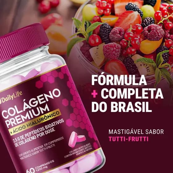 Colágeno Premium Peptídeos Bioativos 60 Comprimidos Mastigáveis Sabor Tutti Frutti - DailyLife