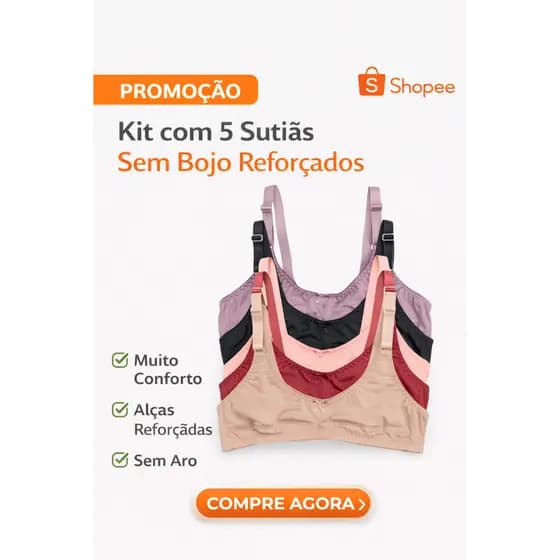 Kit 5 Sutiãs Reforçados Super Conforto – Sem Bojo + Alças Largas | FRETE GRÁTIS