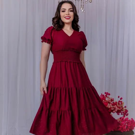 Vestido Feminino Moda Evangélica Lese Manga Curta Midi Forrado