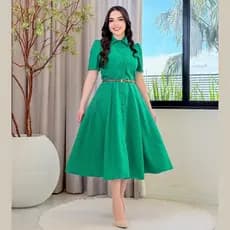 Vestido Feminino Midi Modelagem Godê Acompanha um Lindo Cinto Botões Funcionais Elegante e Moderno Chamise Com Gola