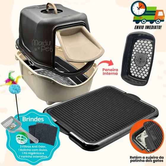 Kit Caixa de Areia Fechada Para Gatos Com Peneira Interna + Tapete Coletor + Pá e Filtro Anti Odor