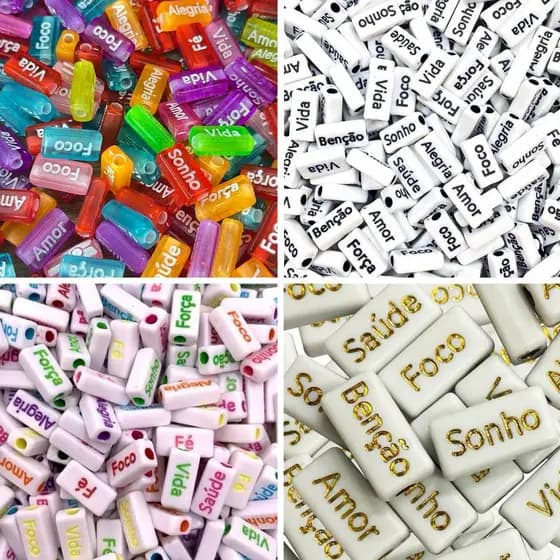 Miçangas Entremeio Palavras Positivas Motivacionais Frases  Pulseira Infantil Adulto 100 unidades
