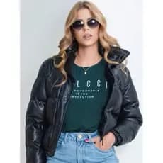 Jaqueta feminina puffer Courino sintético com zíper frontal e detalhe em botões