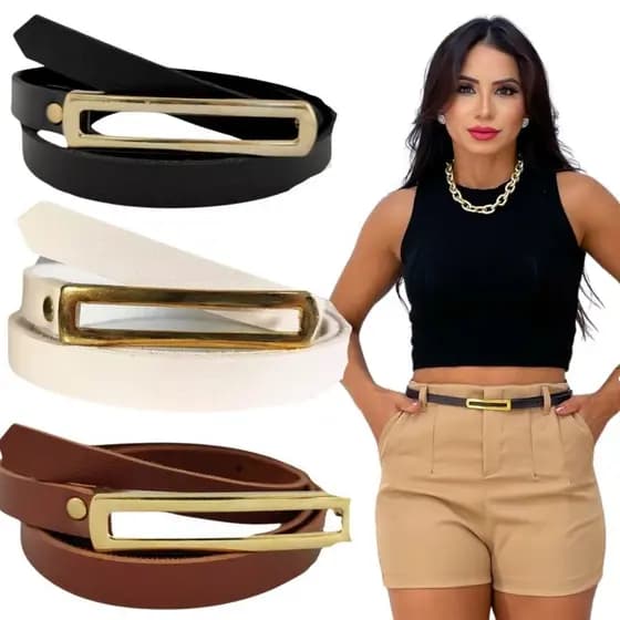 Cintos Femininos Elegante Retangular Fino Fivela Dourada blogueira