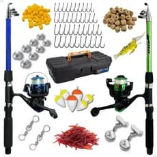 Conjunto De Pesca Completo 2 Vara Telescópica Fibra Vidro E 2 Molinete Com Linha Maleta + Acessórios